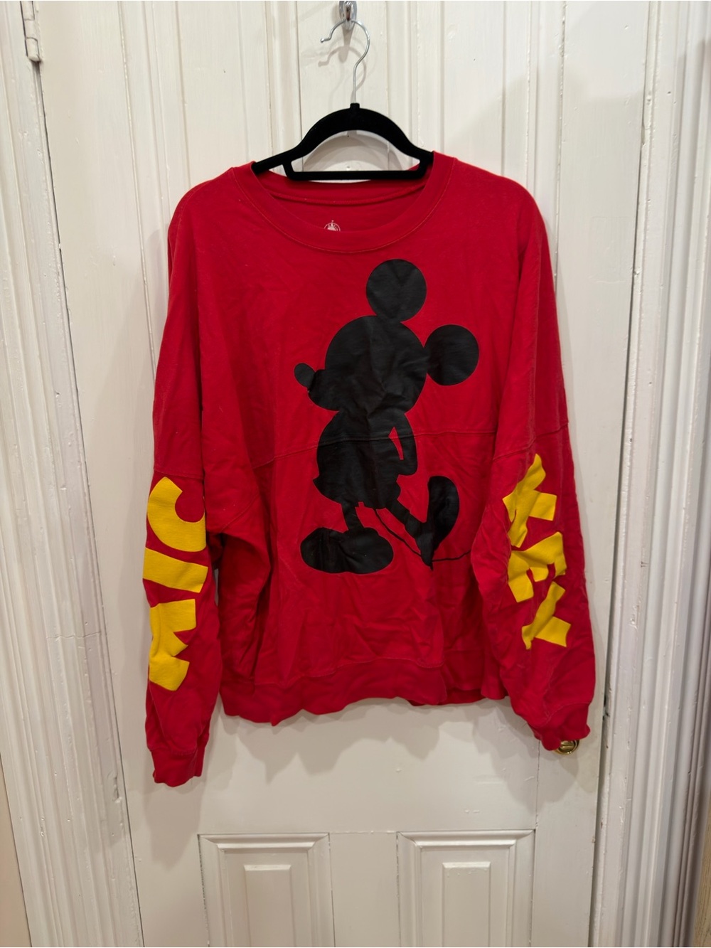 Disney Red spirit jersey with Black Mickey Graphic and Yellow Sleeve Letters